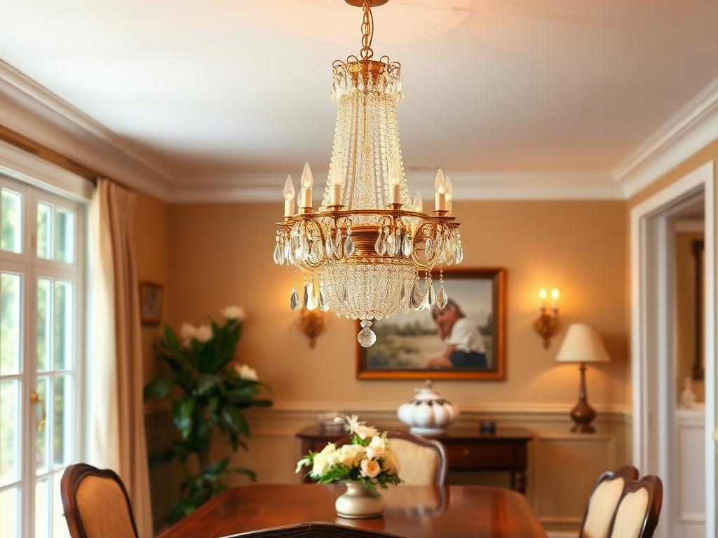 After: crystal and brass chandelier centered over the dining table