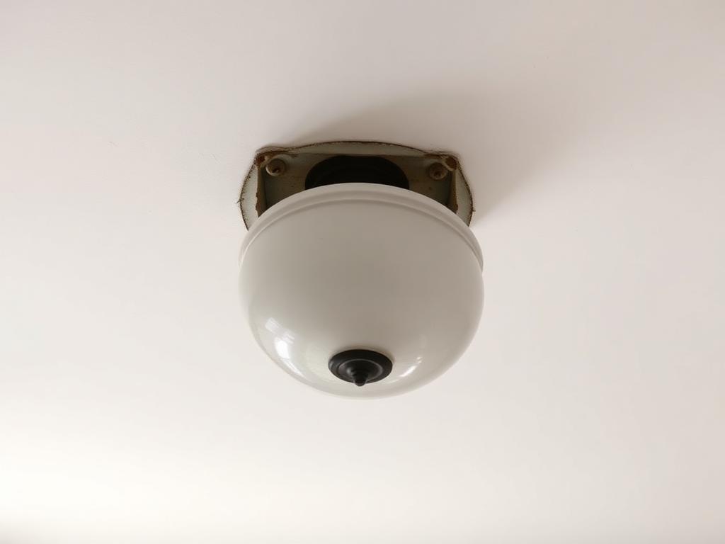 Before: plain dome ceiling light with rusted mounting pan