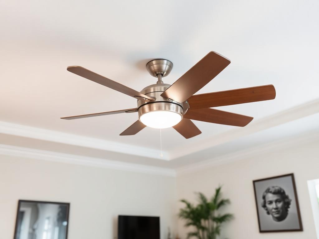 After: modern brushed-nickel ceiling fan with LED light