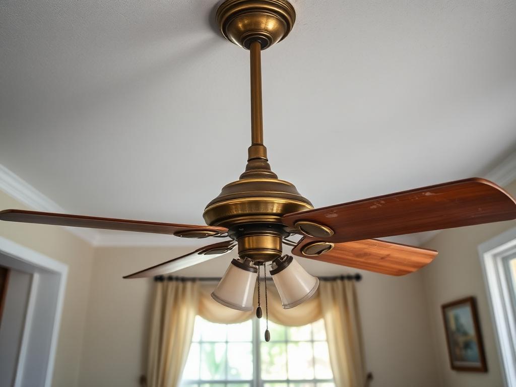 Before: dated brass ceiling fan with wood blades