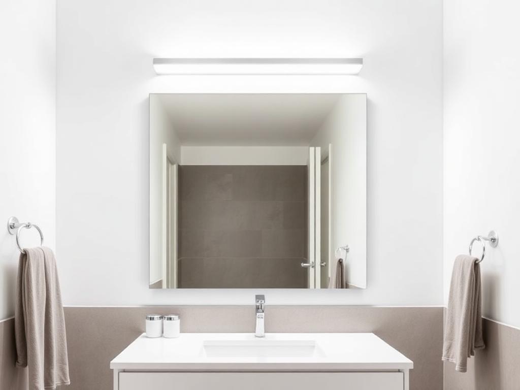 After: large framed mirror with a modern LED vanity light bar above the sink