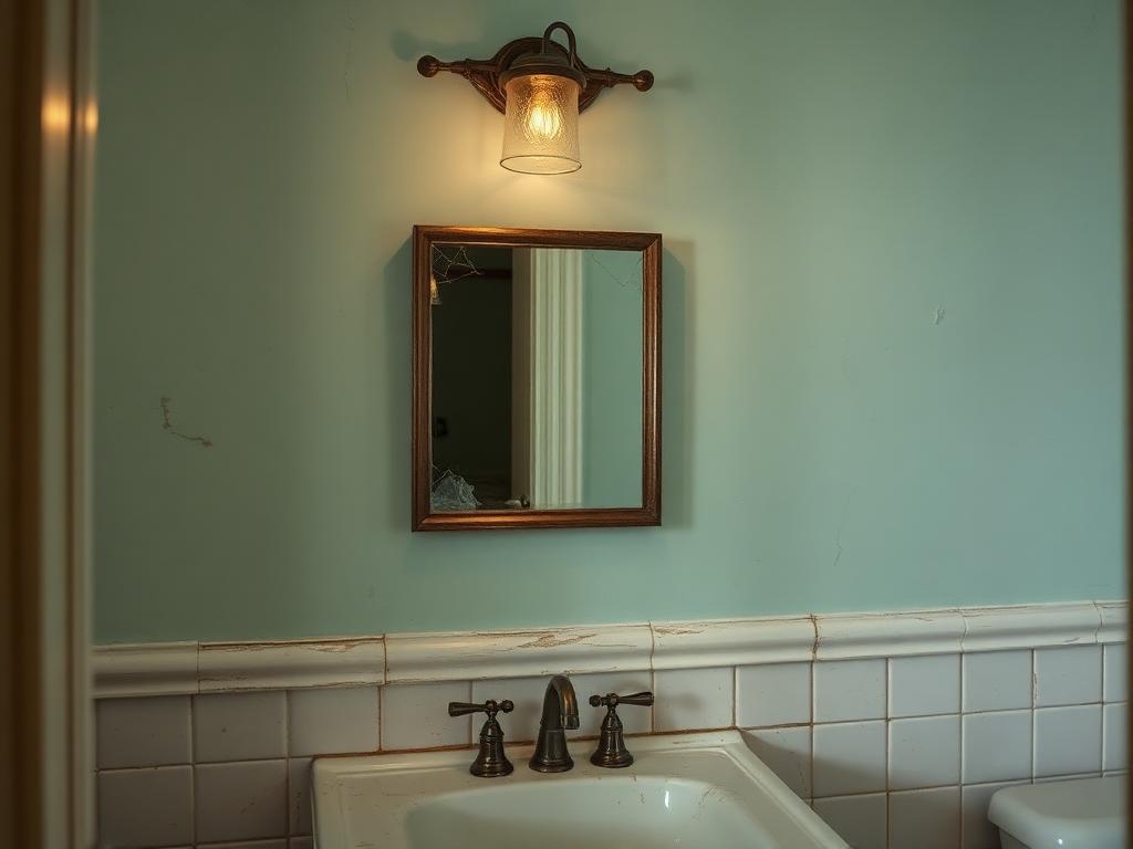 Before: small cracked bathroom mirror under a dated vanity light