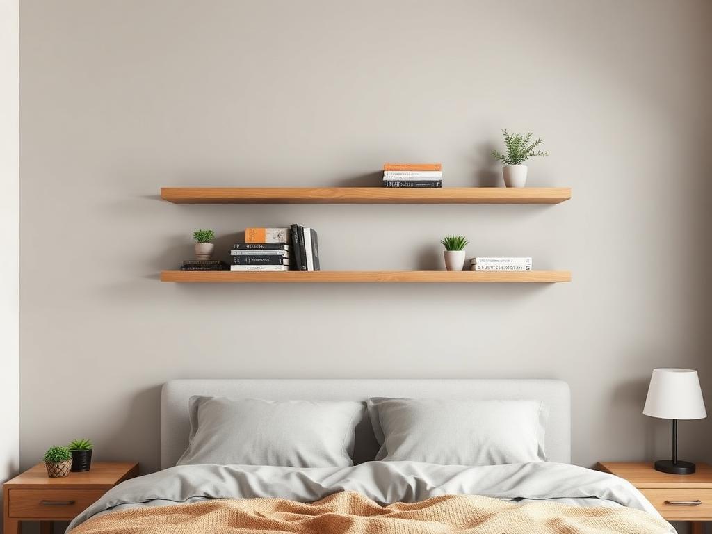 After: level floating oak shelves mounted above the bed holding books and plants