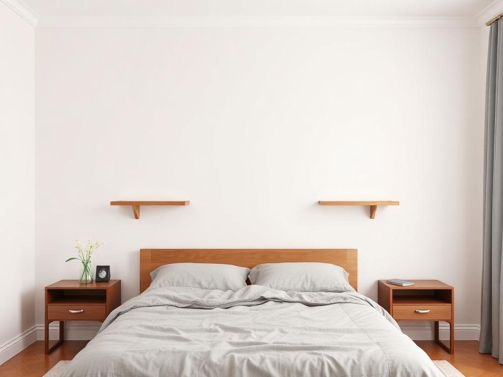 Before: nearly bare bedroom wall above a bed with tiny undersized shelves