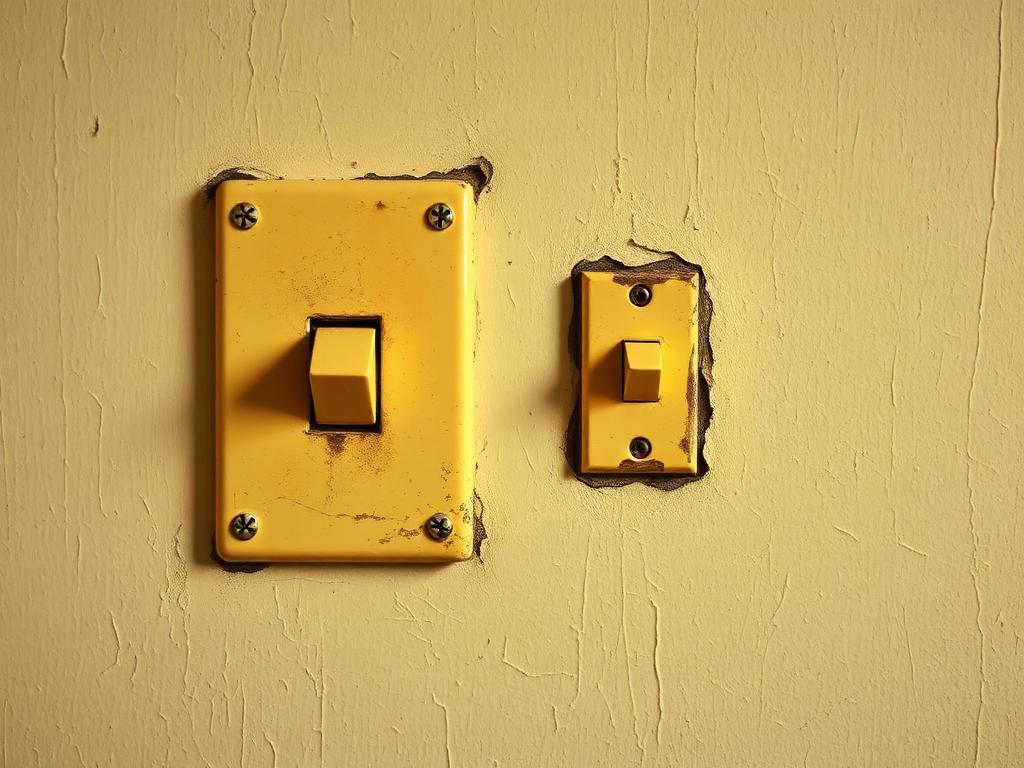 Before: yellowed old toggle light switches on a scuffed wall